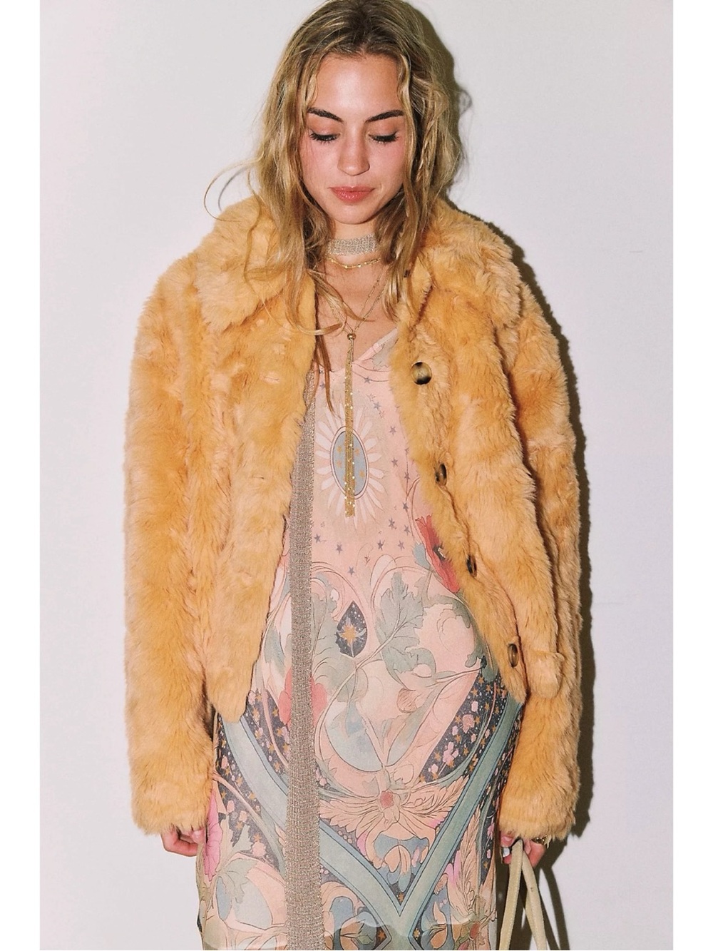 Free People Bohemian 70s Alice Throw On Faux Fur Jacket Apricot Sherbet Large